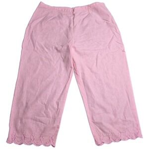 A.K.C. Linen Blend Cropped Pants Women's Size 2X Pink Scalloped Embroidered Hem